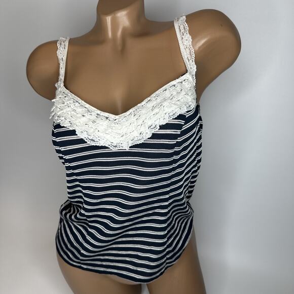 Gloria Caram Y2K Stripe Lace Tank Top S Navy Coquette England Eurocore Cute - Picture 13 of 13